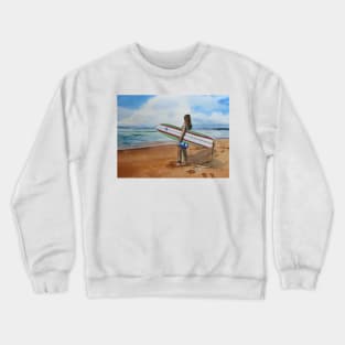 Girl with Surfboard at the Beach Crewneck Sweatshirt